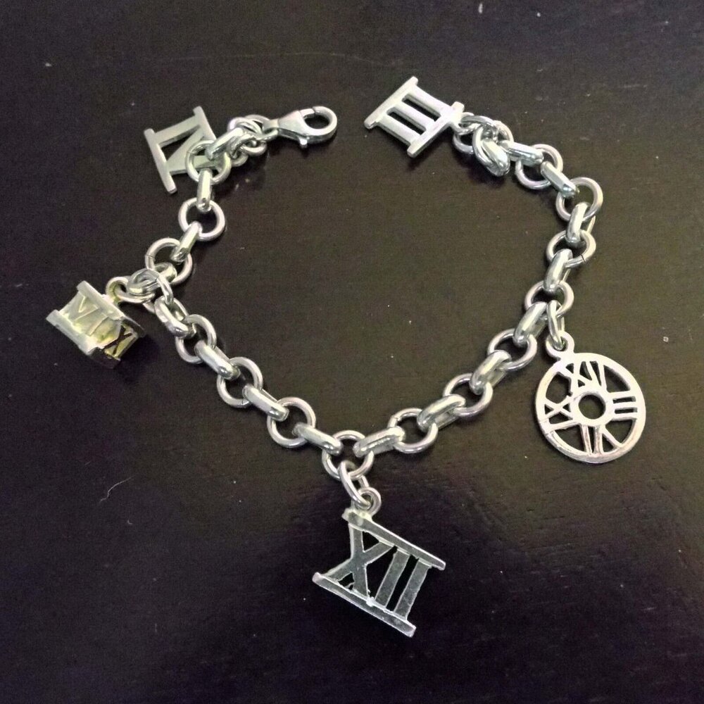 NWOT "ATLAS" STERLING ROMAN NUMERALS CHARM ROLO LINK CHAIN BRACELET B